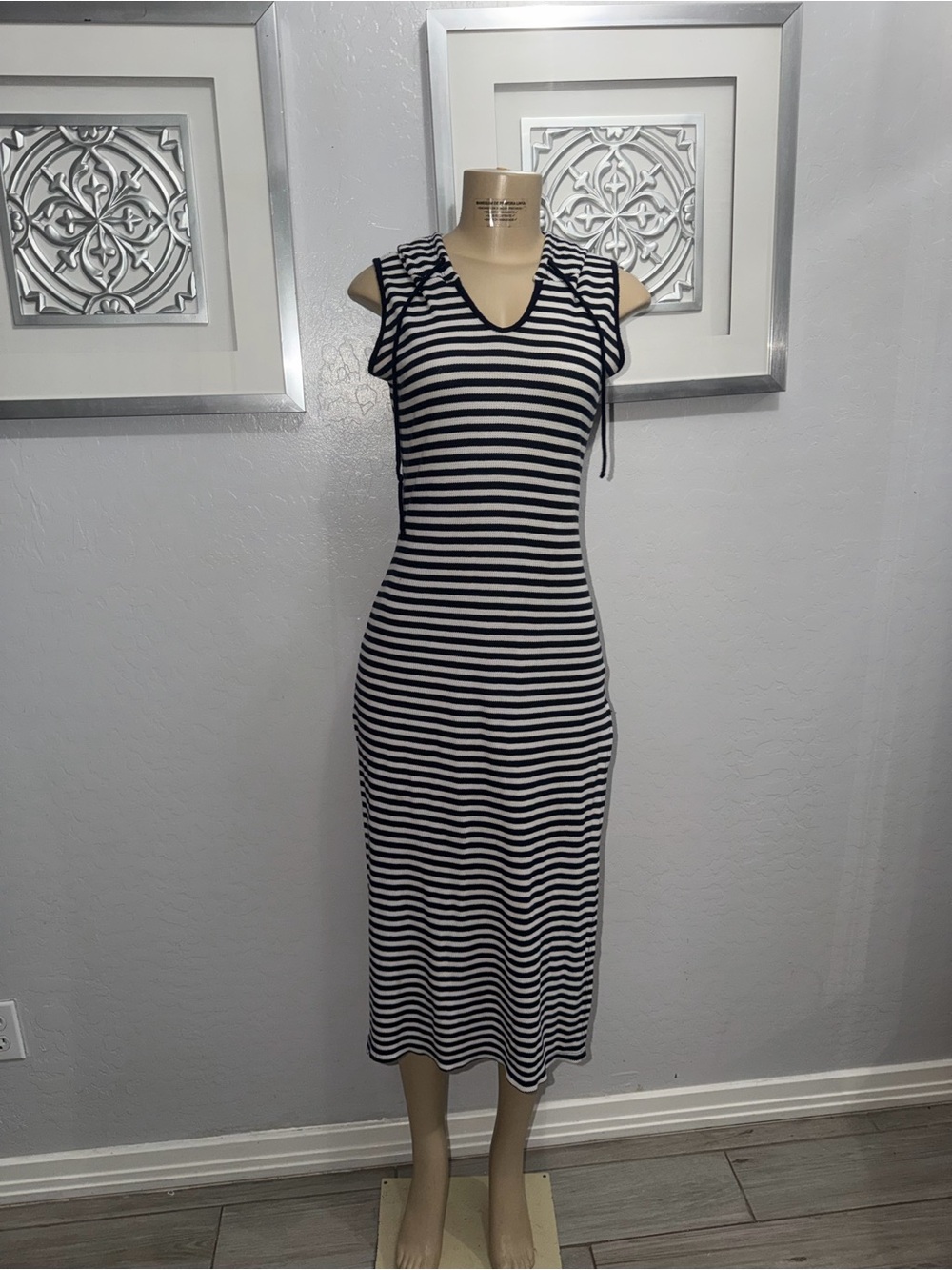 Striped Navy & White Sleeveless Midi Dress